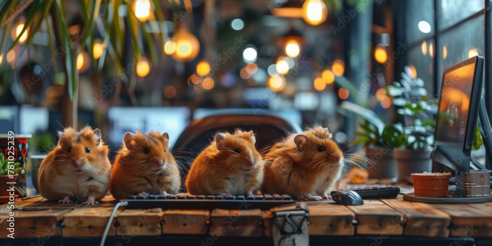 Poster a group of four hamsters sitting on a desk next to computer. generative ai.