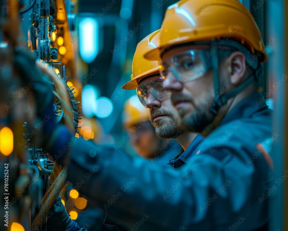 Poster two men in hard hats working on a machine with lights. generative ai.