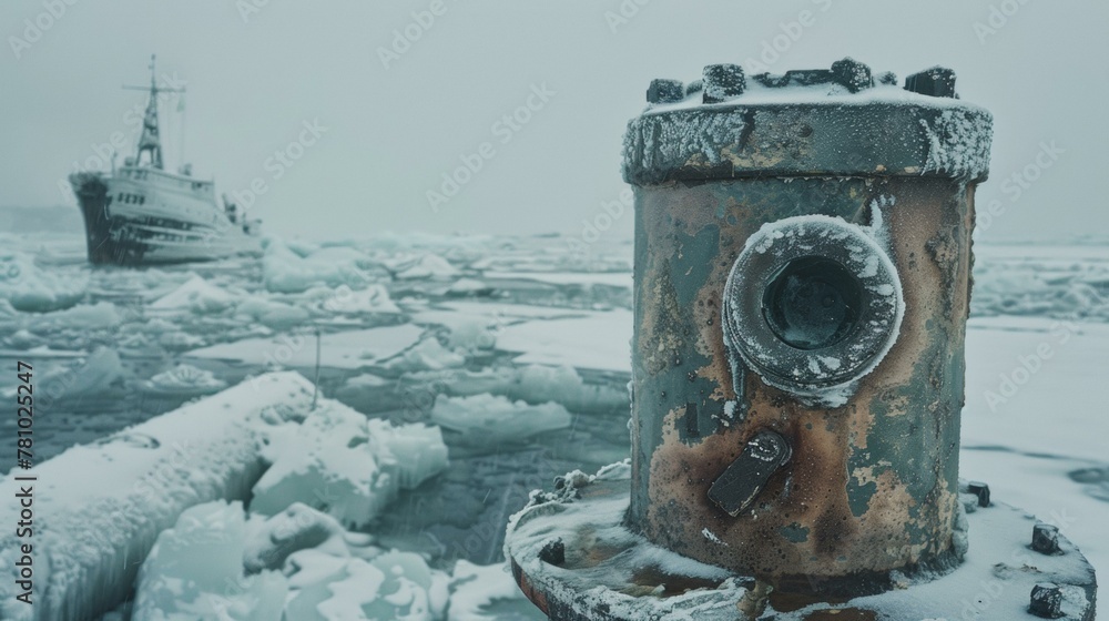 Poster a rusty fire hydrant in the middle of a frozen ocean. generative ai.