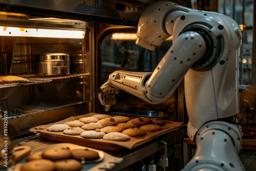 Poster a robot is baking cookies in an oven with a tray of them. generative ai.
