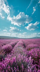 A field of lavender flowers with wind turbines in the background. Generative AI.