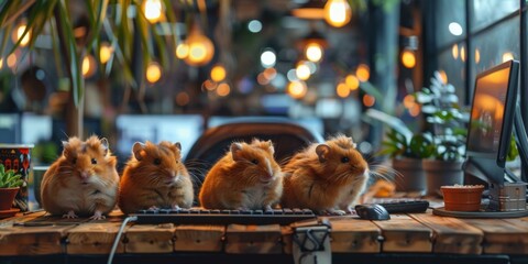 A group of four hamsters sitting on a desk next to computer. Generative AI.
