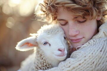 A young girl in a sweater hugging and cuddling with her sheep. Generative AI.