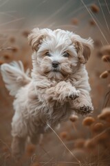 A small white dog jumping in the air with its paws outstretched. Generative AI.