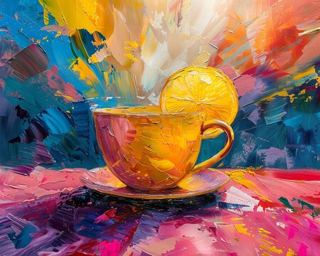 Palette knife abstract of a lemonade mug, in oil paint, set against a dynamic, multicolored background with intense lighting and vivid highlights