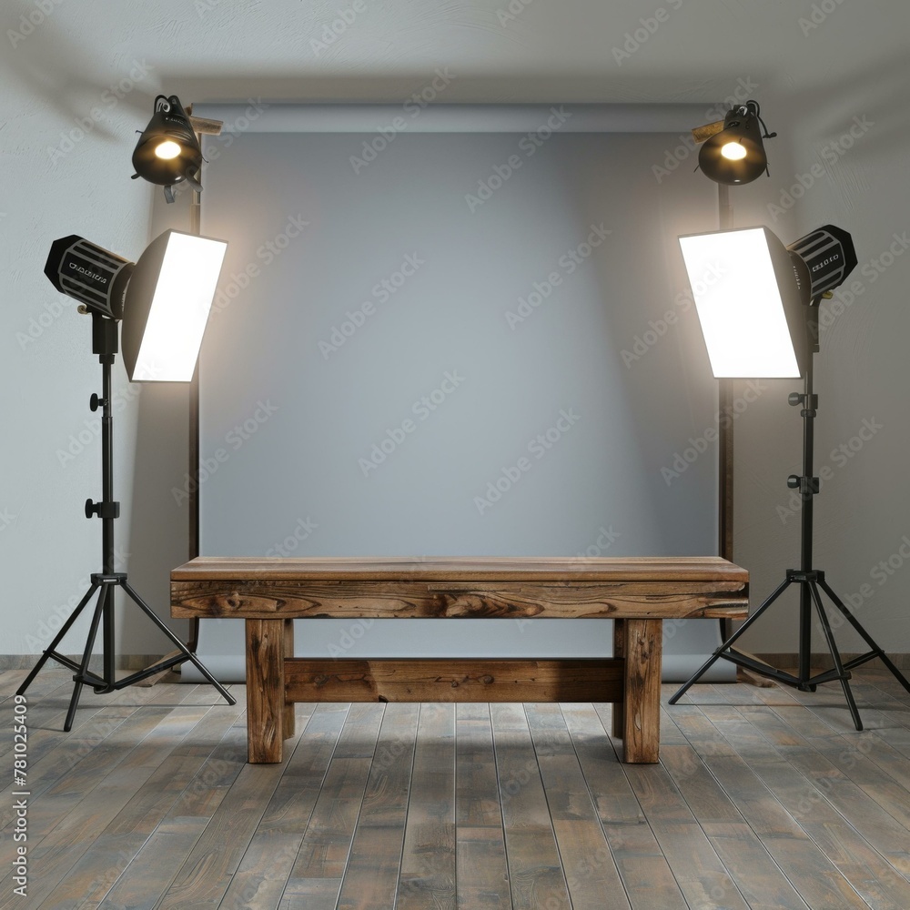 Aufkleber a wooden bench in front of a lighted backdrop with two lights. generative ai.