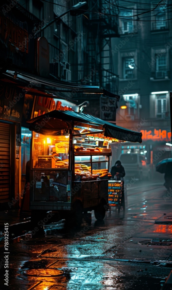 Poster A street scene with a food cart in the rain. Generative AI.