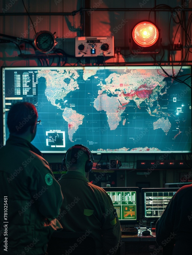 Aufkleber a group of men in a room looking at monitors with the world map on them. generative ai.
