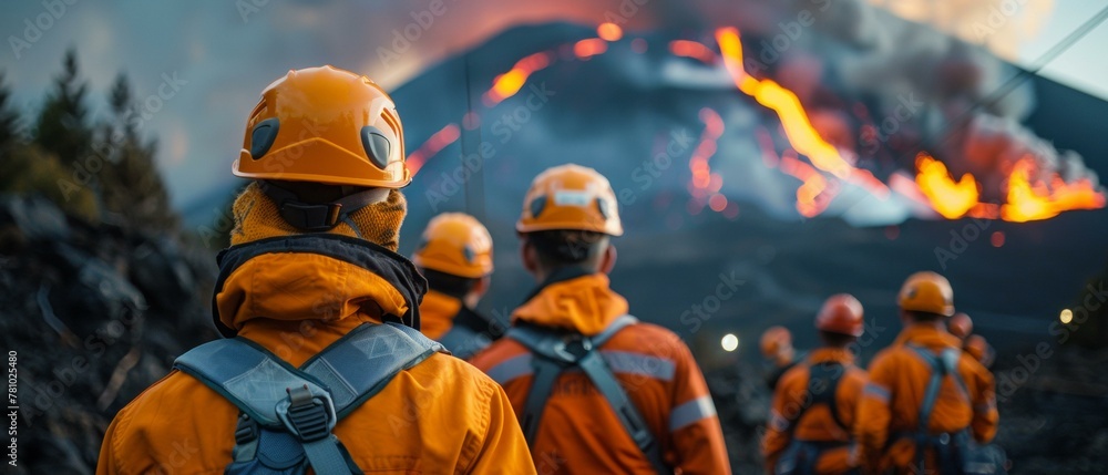 Poster a group of people wearing orange vests and helmets standing in front of a volcano and fire. generati