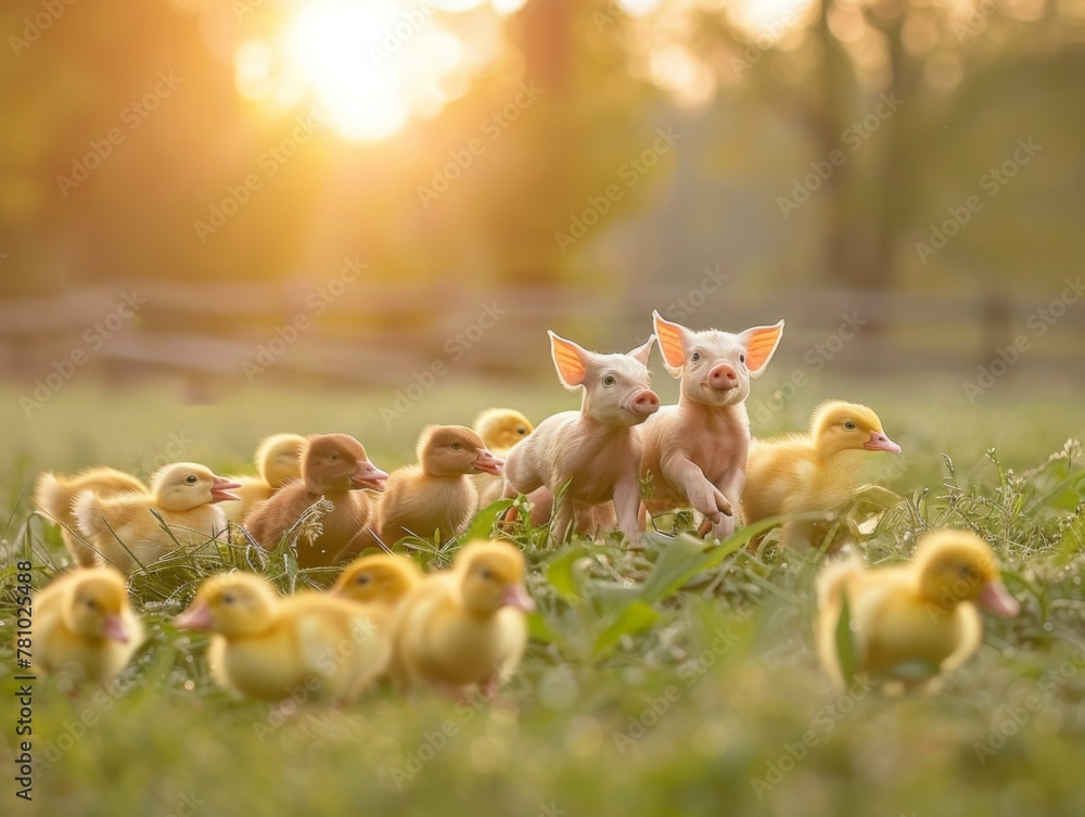 Poster a group of baby pigs and ducks running through a field. generative ai.