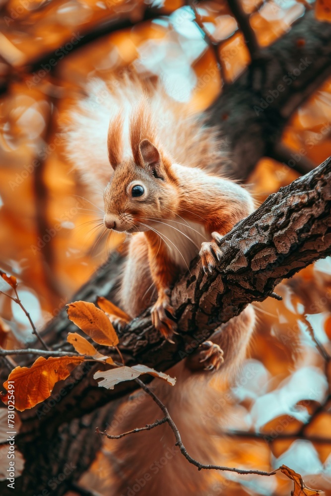 Aufkleber a squirrel perched on a tree branch with leaves in the background. generative ai.