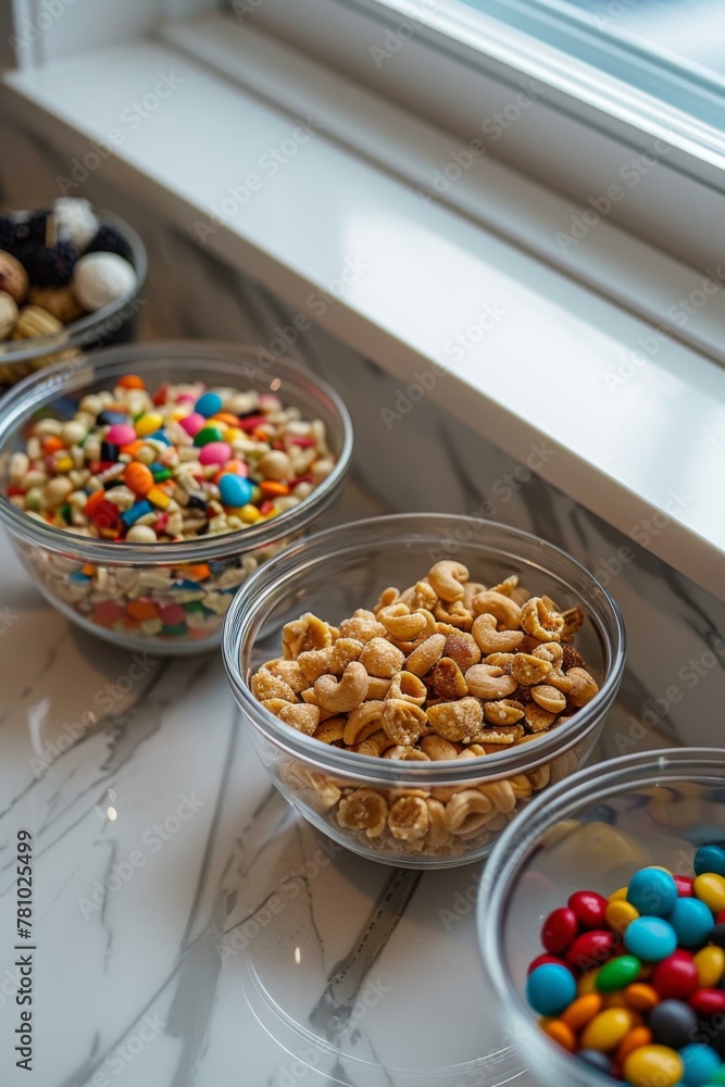 Poster a row of bowls filled with different types of nuts and candies. generative ai.