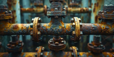 A close up of a bunch of pipes that are rusted. Generative AI. - Powered by Adobe