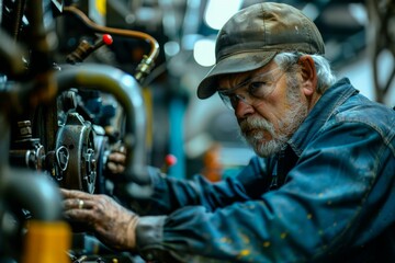 A man in a hard hat working on machinery inside of an industrial building. Generative AI.