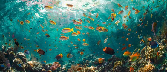 Fototapeta na wymiar A large group of colorful fish swimming in the ocean. Generative AI.
