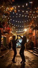 Fototapeta na wymiar A couple dancing on a cobblestone street at night. Generative AI.