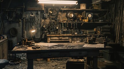 In the corner of the workshop a solitary table sits cluttered with tools and papers where a mechanic is a blueprint deep in thought. The dim lighting and worn furniture give the sense . - obrazy, fototapety, plakaty