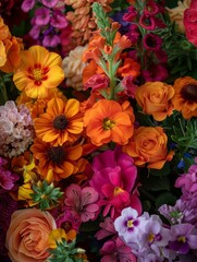 A close up of a bunch of different colored flowers in one picture. Generative AI.