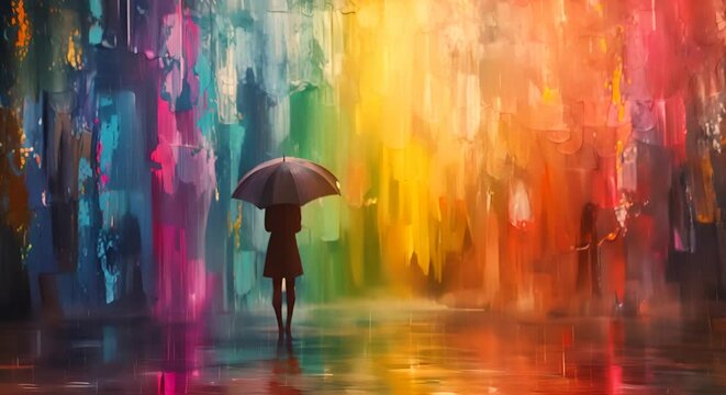 A person with an umbrella under a rain of colors, emotional resilience,