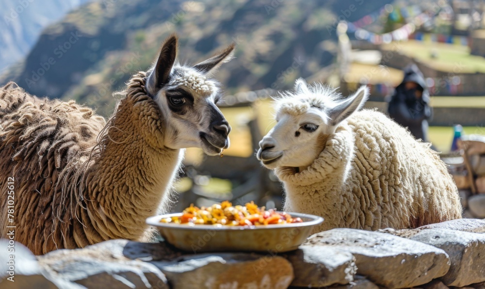 Poster two llamas standing next to each other in front of a bowl. generative ai.