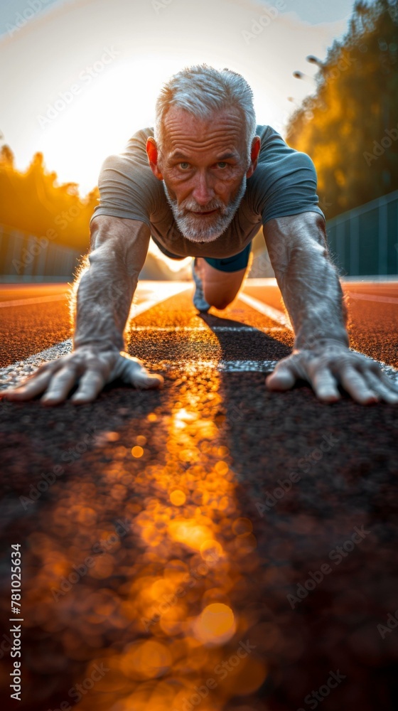 Poster a man doing push ups on a track at sunset. generative ai.