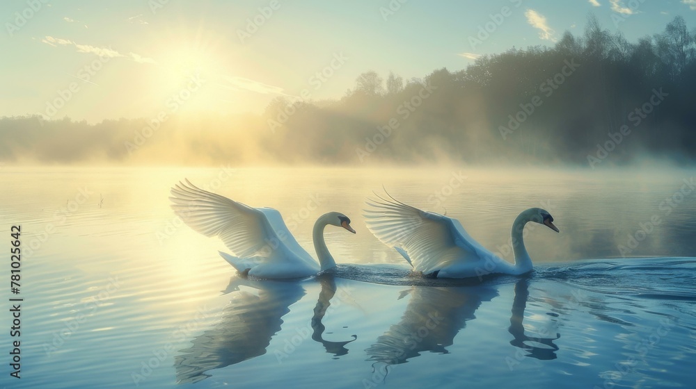 Poster two swans are floating on a lake with their wings spread. generative ai.