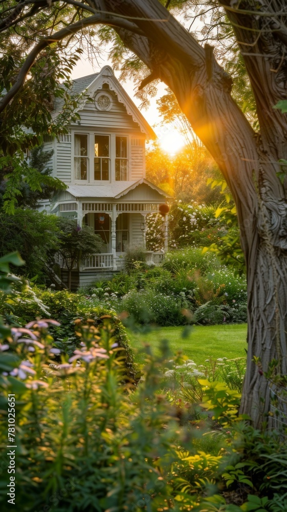 Poster a house in the middle of a lush green yard with a tree in the middle. generative ai.