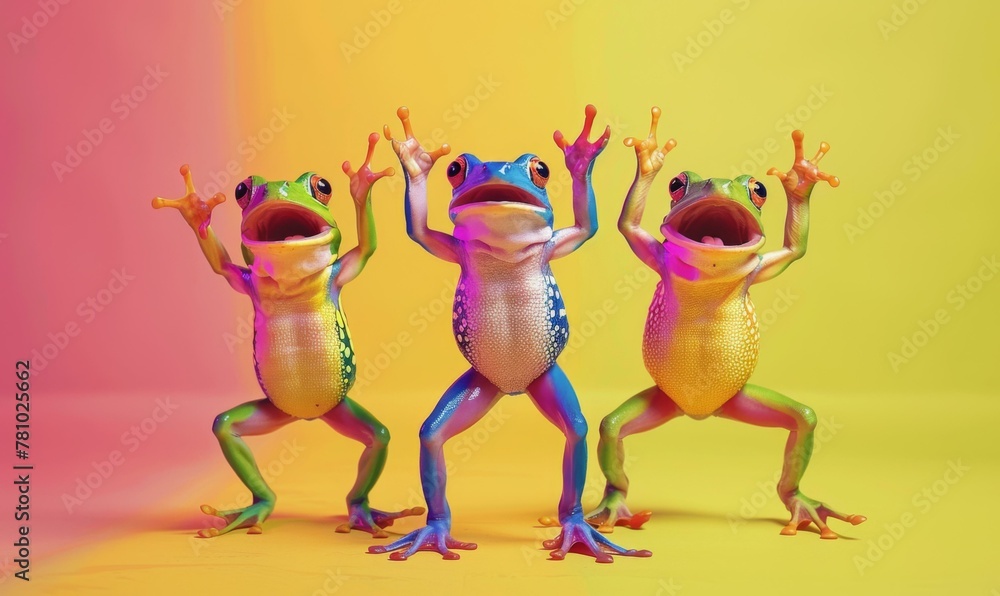 Poster three frogs are dancing on a colorful background. generative ai.