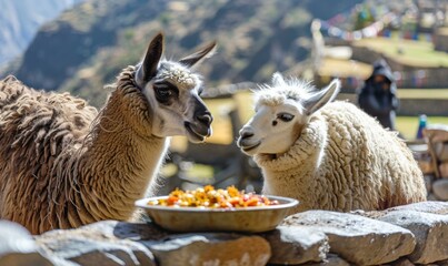 Naklejka premium Two llamas standing next to each other in front of a bowl. Generative AI.