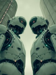 Two robots standing next to each other in front of tall buildings. Generative AI.