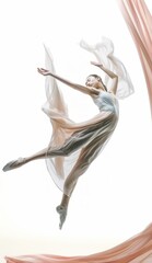 Ethereal Ballet Dancer Mid-Jump with Flowing Fabric.