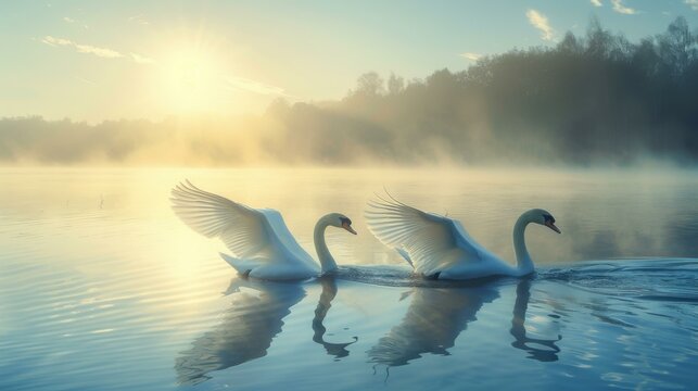 Two swans are floating on a lake with their wings spread. Generative AI.