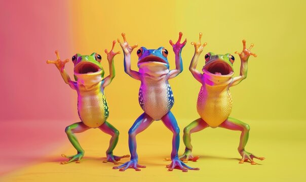 Three frogs are dancing on a colorful background. Generative AI.