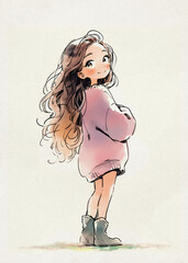 Cartoon Drawing: a Young Girl, A Daughter Cartoon Drawing: Cute young girl wearing sweater and boots
