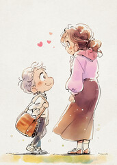 Cartoon Drawing: Woman and Young Boy, Mother and son