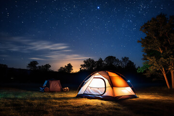 A tent glows under a night sky full of stars Generative AI