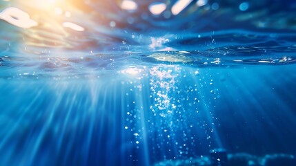 Generative AI : Blue water surface with bright sun light reflections, water in swimming pool...
