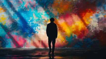 A shadowy figure walks away from the camera their back disappearing into the vibrant and mesmerizing mural on the wall behind them . .