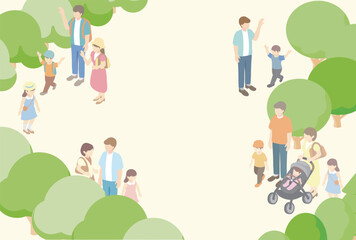 アイソメトリック　家族　ファミリー　レジャー　夏　人物　親子　ベビー　キッズ　イラストセット