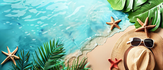 Summer holiday and tropical vacation background with starfish, straw hat, sunglasses on a sandy beach next to crystal blue water.