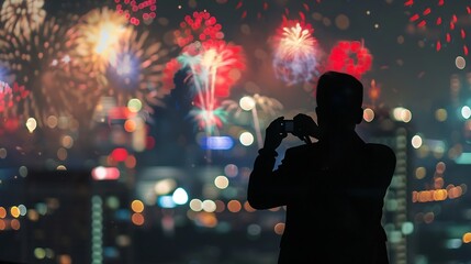 Generative AI : The silhouette of reporter photograph the Fantastic festive new years colorful fireworks