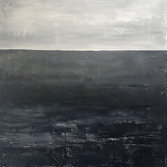 A painting of a dark ocean with a white line dividing it. The mood of the painting is calm and serene