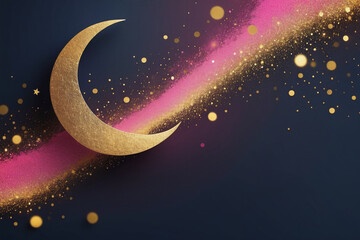3d illustration of a crescent moon with golden moon and stars ornament. Islamic greeting eid mubarak card design, crescent moon and mosque beautiful background. AI generated