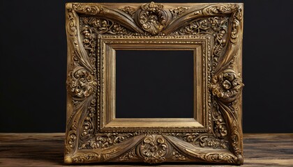 a blank picture frame adorned with intricate carving, beautifully handcrafted wooden, antique gold frame