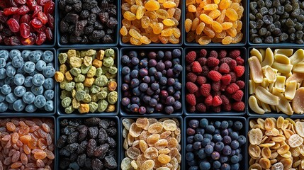 A wooden box comprised of a grid of distinctly sized mixed dry fruits as the setting overhead view assorted items over small boxes and space, Generative AI. - obrazy, fototapety, plakaty