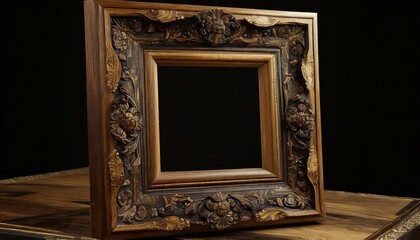 antique picture frame, a blank picture frame adorned with intricate carving, beautifully handcrafted wooden