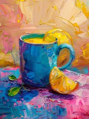 Abstract oil painting of a ceramic mug of lemonade, palette knife technique, vibrant colors on a colorful background, with dramatic lighting and highlights