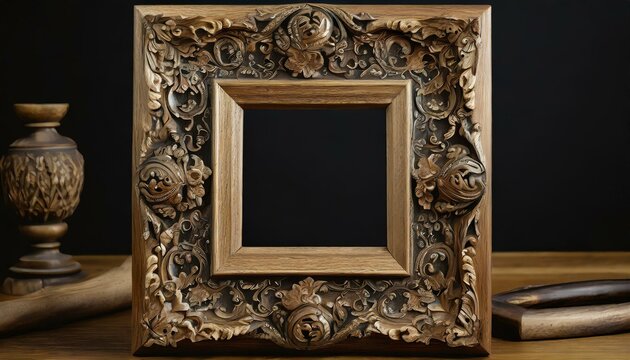 a blank picture frame adorned with intricate carving, beautifully handcrafted wooden, vintage photo frame