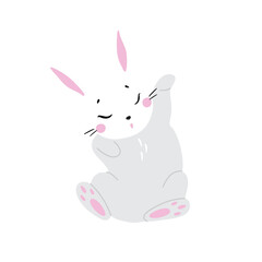 Bunny illustration, cute rabbit, hare. Gray, white, pink set of cutie animal portrait in pastel colors. Stickers, wall art, kids room decoration, easter