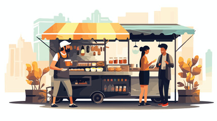Drawn street food vendor concept. Peddler selling n - obrazy, fototapety, plakaty